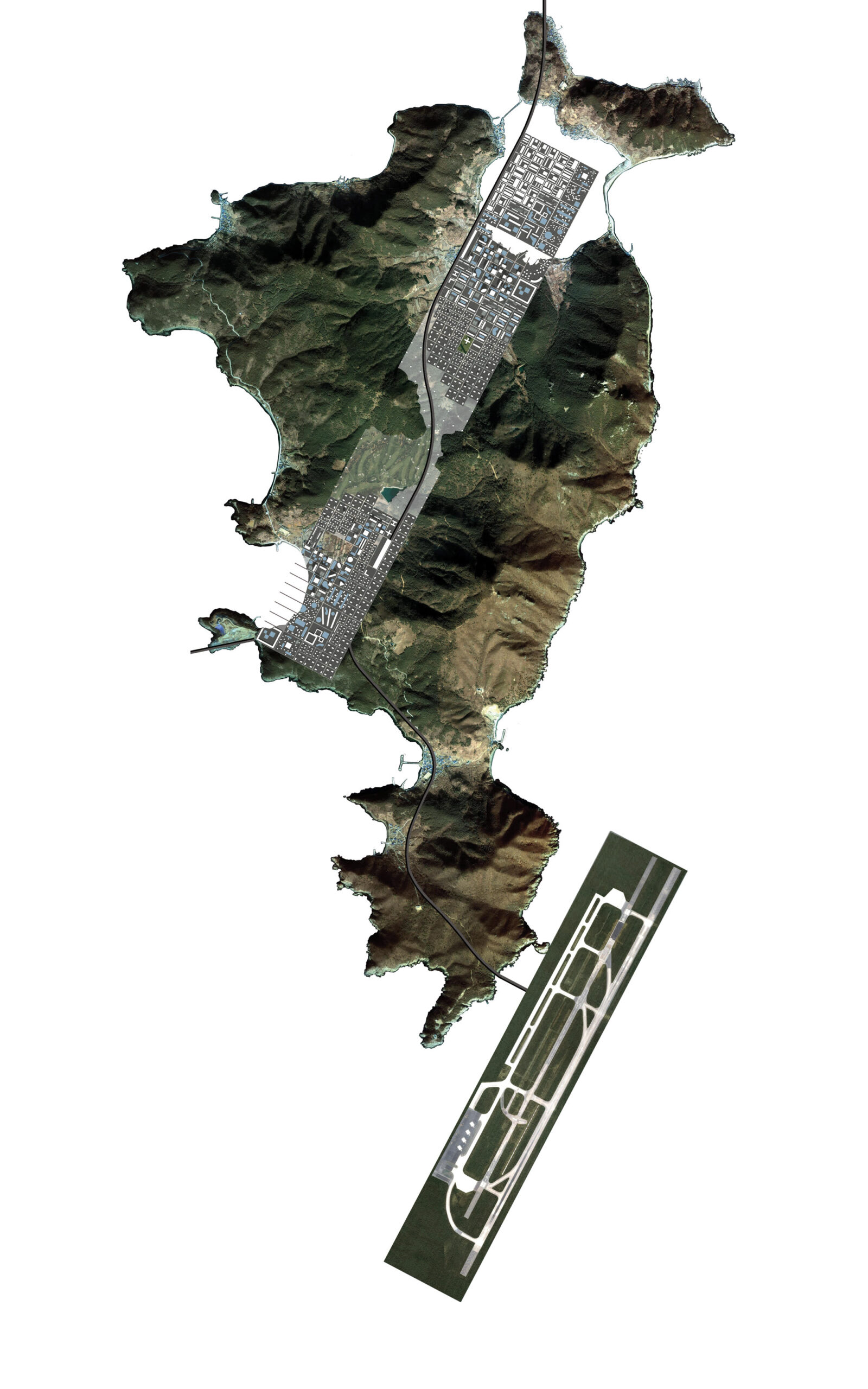 Plano maestro en planta del proyecto Busan Deurbanization: franja urbana compacta trazada sobre la isla Gadeokdo, con el resto del territorio preservado como paisaje natural protegido.