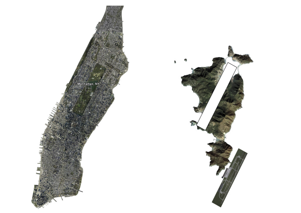 Diagrama comparativo de escala entre Manhattan, Nueva York, y la franja urbana de 5.3 por 0.8 kilómetros propuesta en la isla Gadeokdo, Busan.