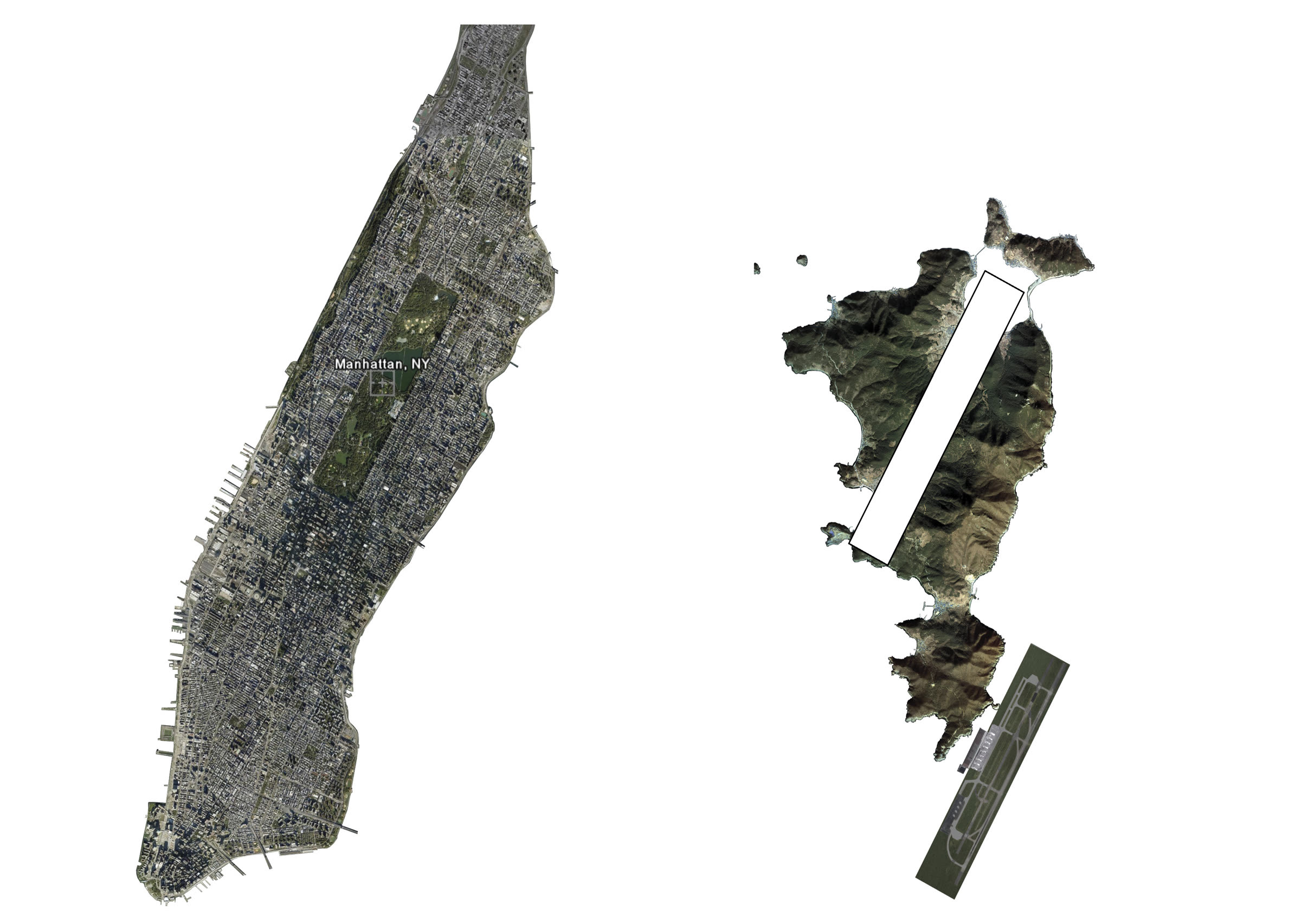 Diagrama comparativo de escala entre Manhattan, Nueva York, y la franja urbana de 5.3 por 0.8 kilómetros propuesta en la isla Gadeokdo, Busan.