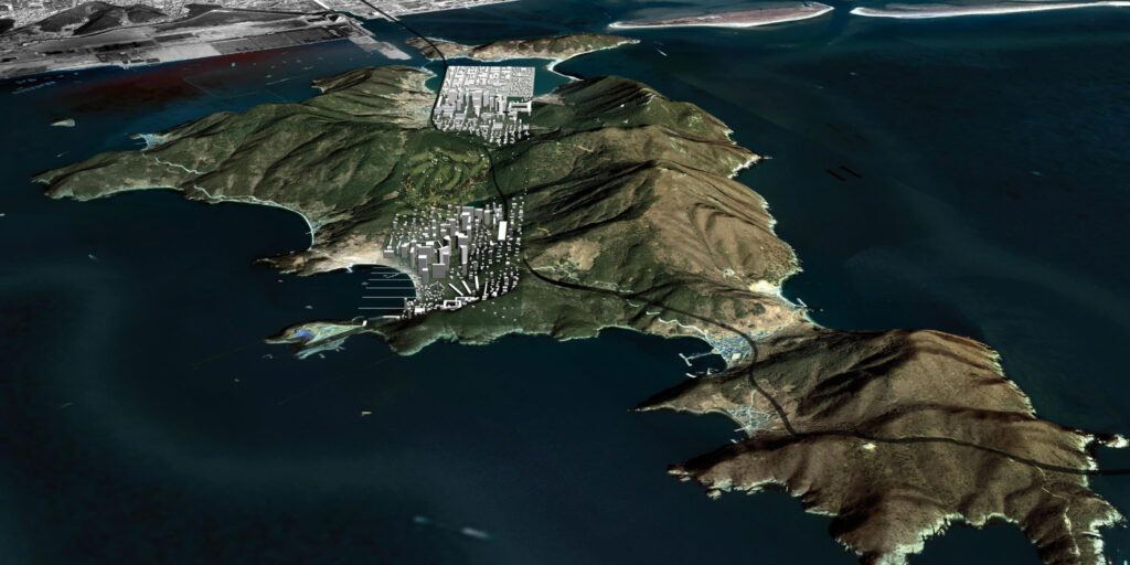 Vista aérea del plan maestro de Busan Deurbanization: franja urbana compacta y densa integrada en el paisaje montañoso de la isla Gadeokdo, Corea del Sur.