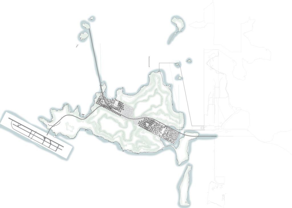 Plano maestro de Busan Deurbanization: franja urbana de 5.3 x 0.8 km sobre la isla Gadeokdo, Corea del Sur, junto al aeropuerto.
