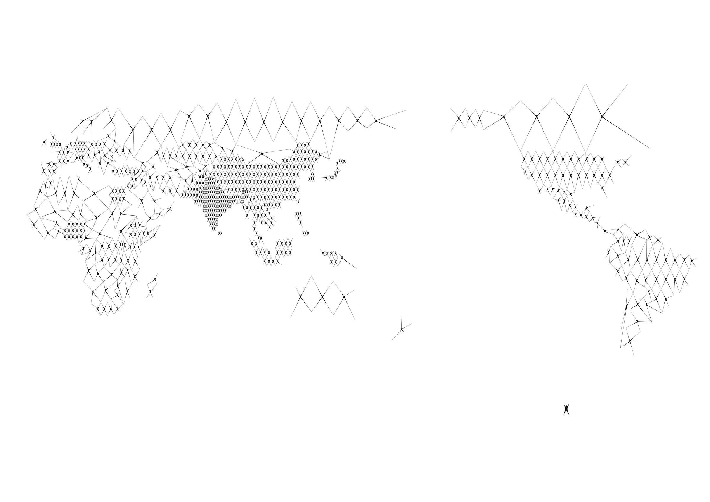 Axonometría de The Global Polis sobre el mapa del mundo.